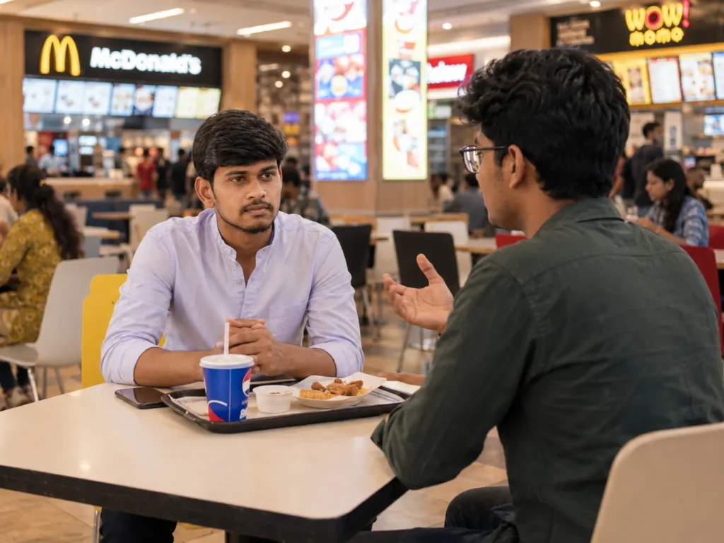 The Honest Guy and his client sitting in a mall food court