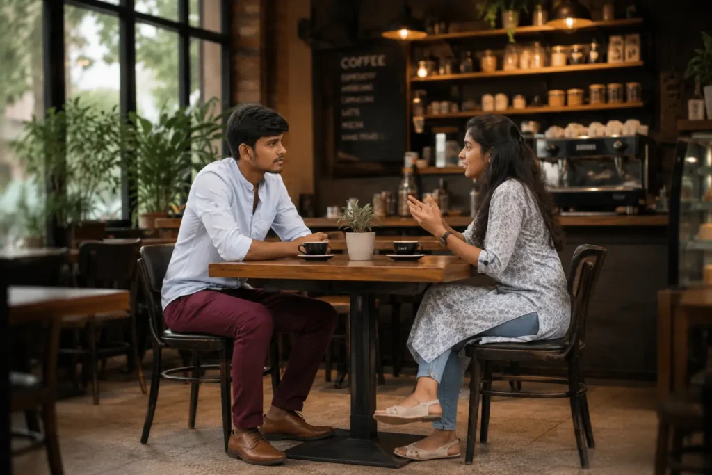 The Honest Guy and his client sitting in a cafe